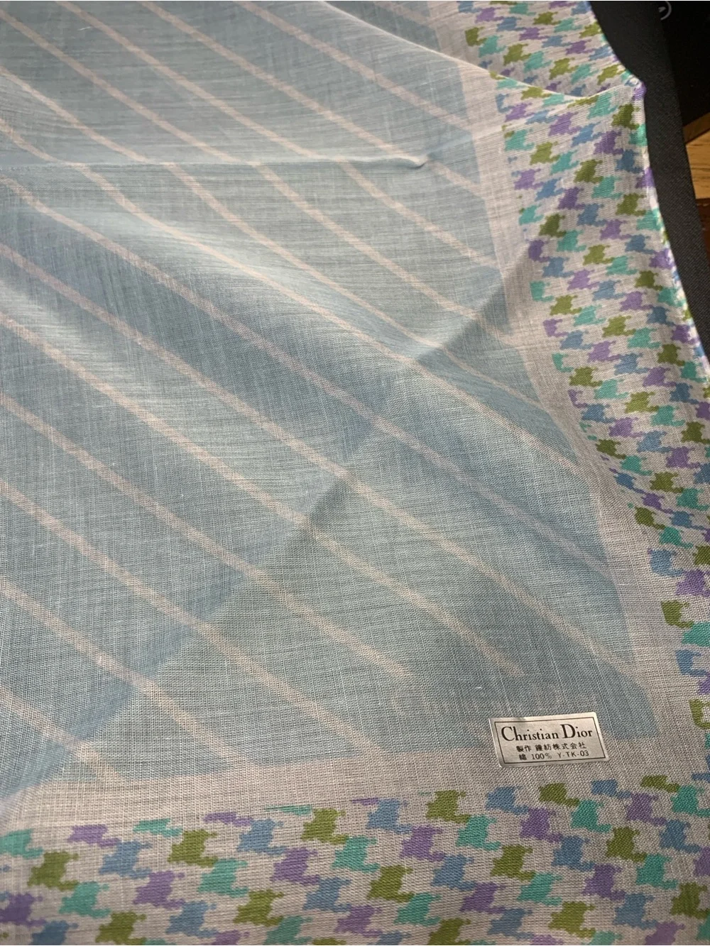 Dior Light Blue Cotton Scarf with Multicolor Houndstooth Border